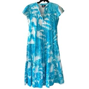 Madison Mathews Sz M 100% Cotton Tiiered Maxi Dress Floral Palm Leafs Turquoise